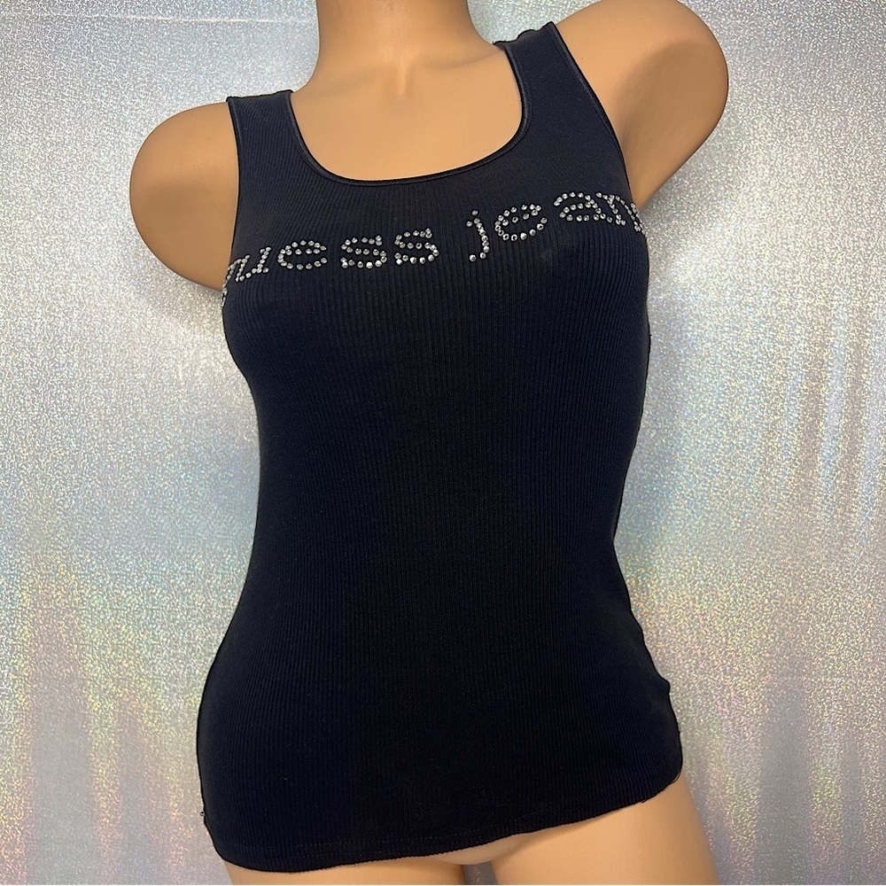 Guess jeans tank top bling rhinestones silver crystals black ribbed top shirt